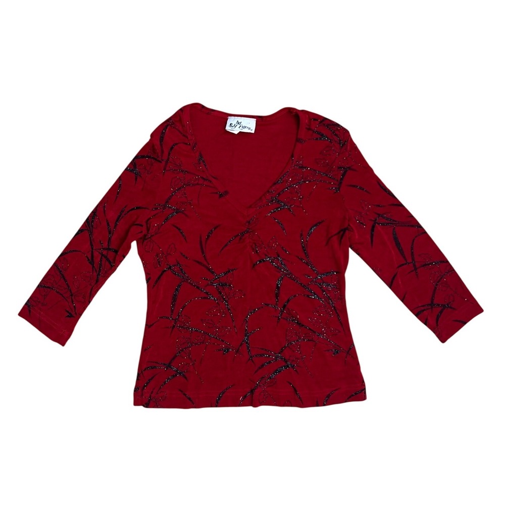 Vintage Glitter graphic V-Neck 3/4 Sleeve Top Large grunge emo y2k going out